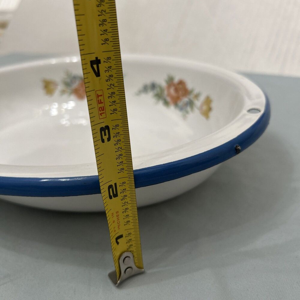 Vtg Enamelware Floral Print Rose Cinsa Brand Saltillo Mexico Oval Blue Trim - Picture 4 of 14